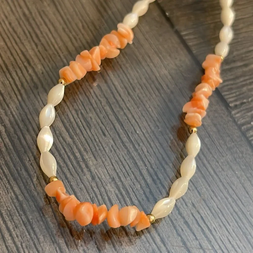Vintage Lucoral Single Strand Coral & Mother of Pearl Necklace Rice Beads